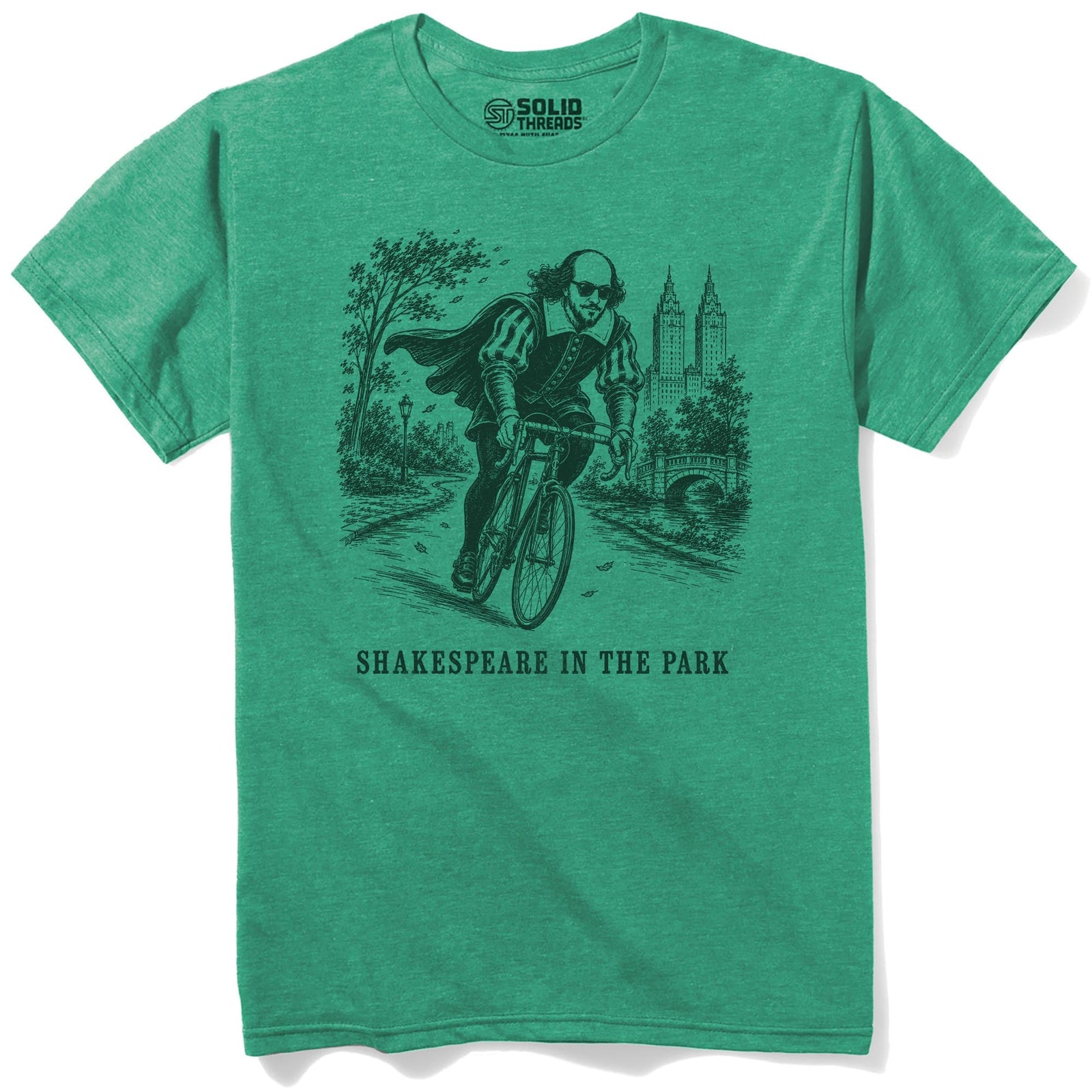 Shakespeare In The Park Funny Staple T-shirt in Kelly Heather - Front View