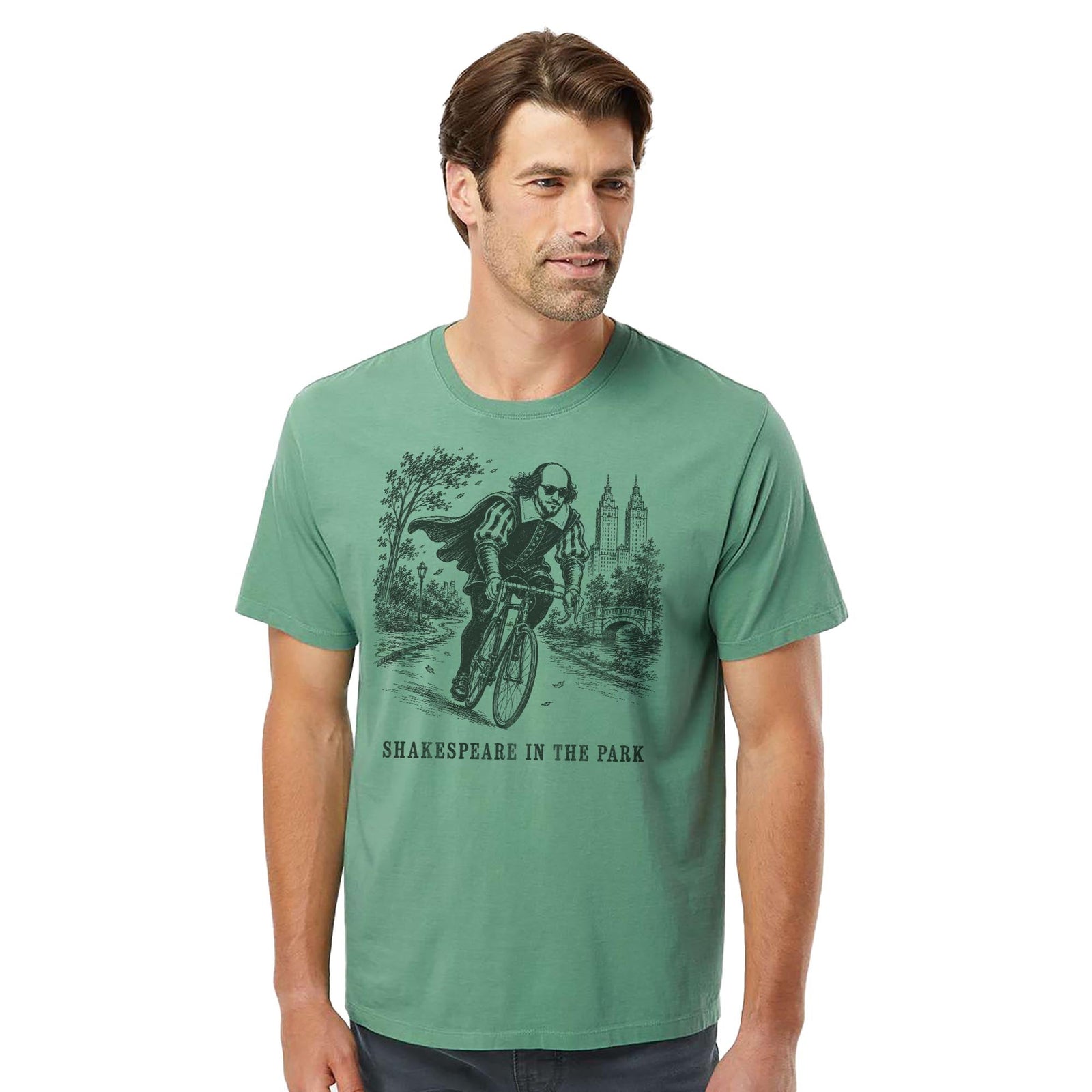 Shakespeare In The Park Funny Organic T-shirt in Pine On Model - Front View