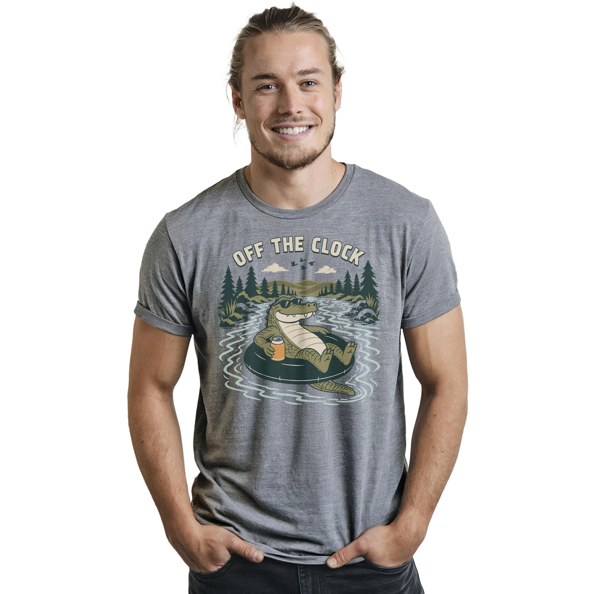 Off The Clock Funny Staple T-shirt in Ash Heather On Model - Front View