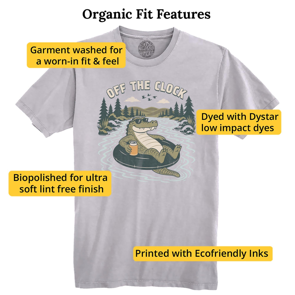 Off The Clock Funny Organic T-shirt in Silver - Fit Attributes
