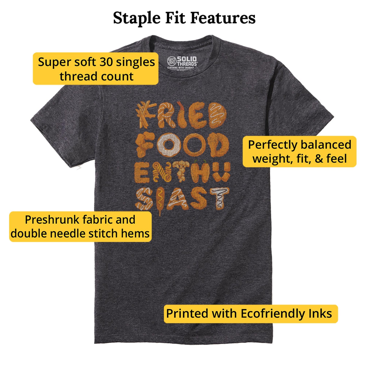 Fried Food Enthusiast Funny Staple T-shirt in Charcoal Heather - Fit Attributes
