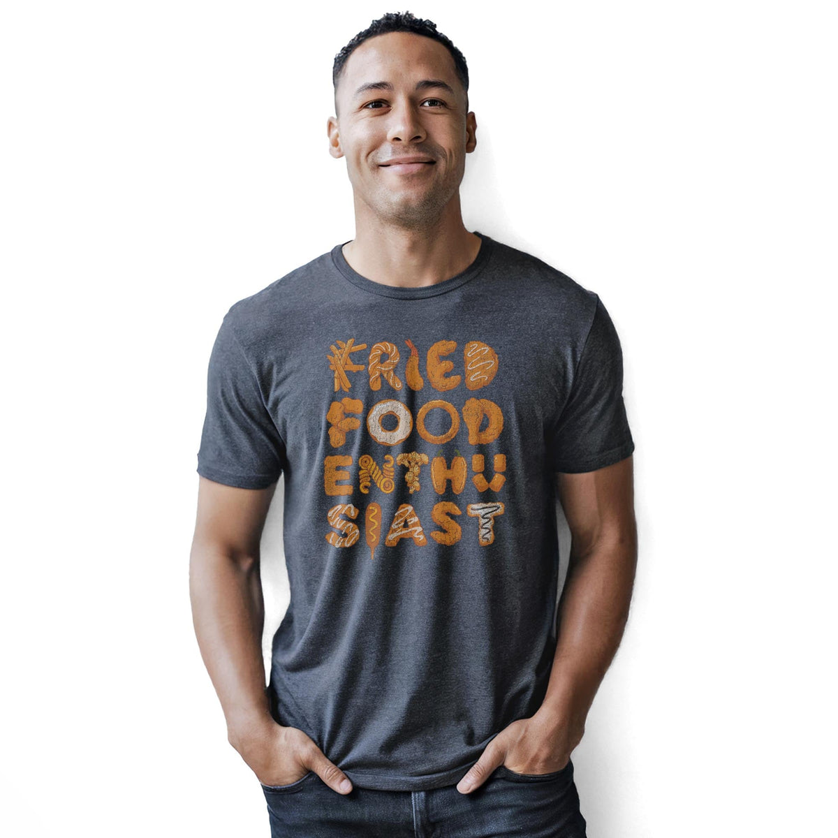 Fried Food Enthusiast Funny Staple T-shirt in Charcoal Heather On Model - Front View