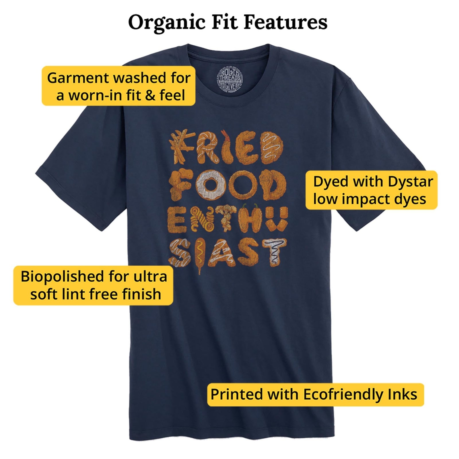 Fried Food Enthusiast Funny Organic T-shirt in Navy - Fit Attributes