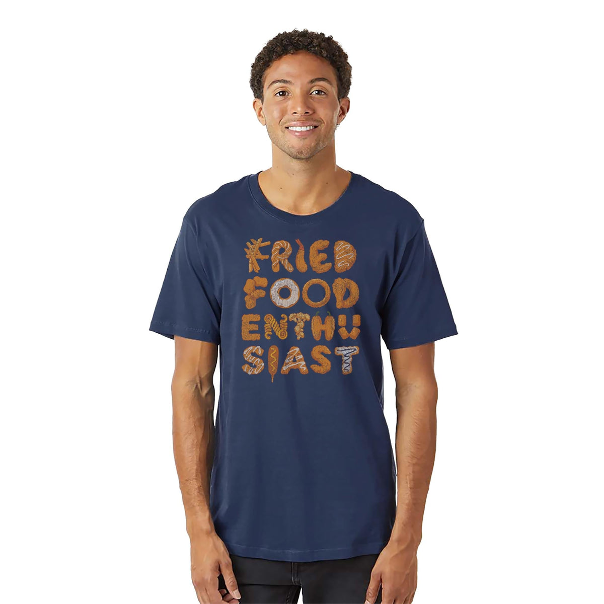 Fried Food Enthusiast Funny Organic T-shirt in Navy On Model - Front View