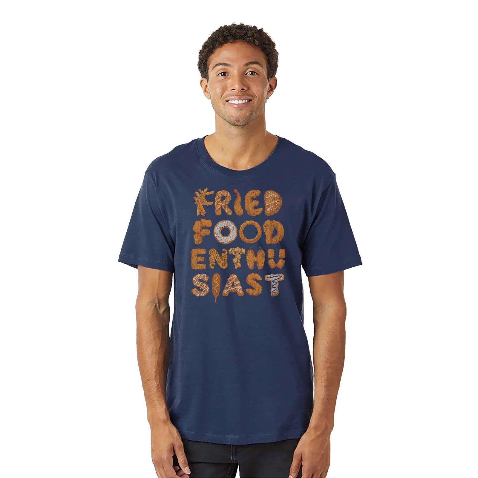 Fried Food Enthusiast Funny Organic T-shirt in Navy - Front View