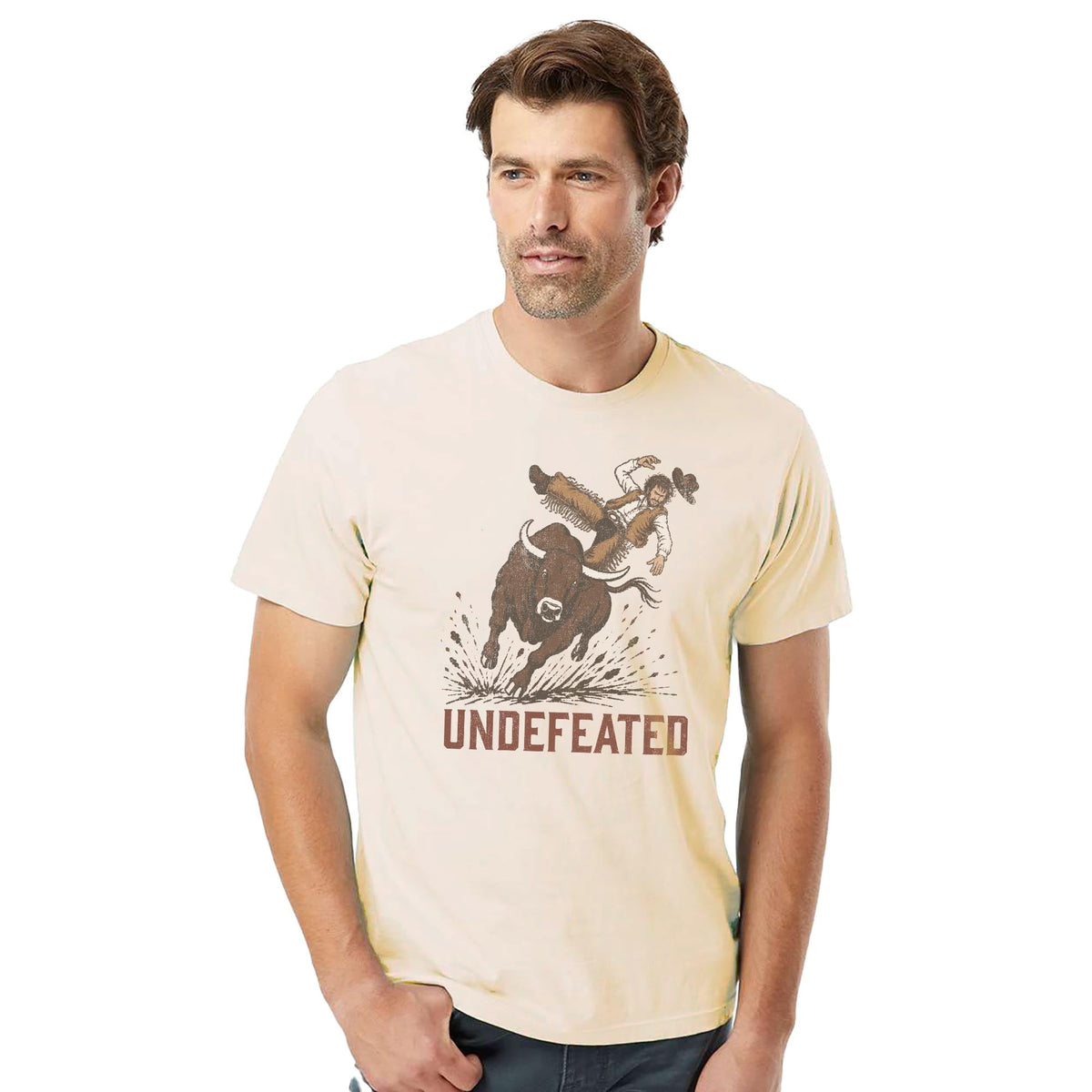 Undefeated Bull Vintage Organic T-shirt in Ivory On Model - Front View