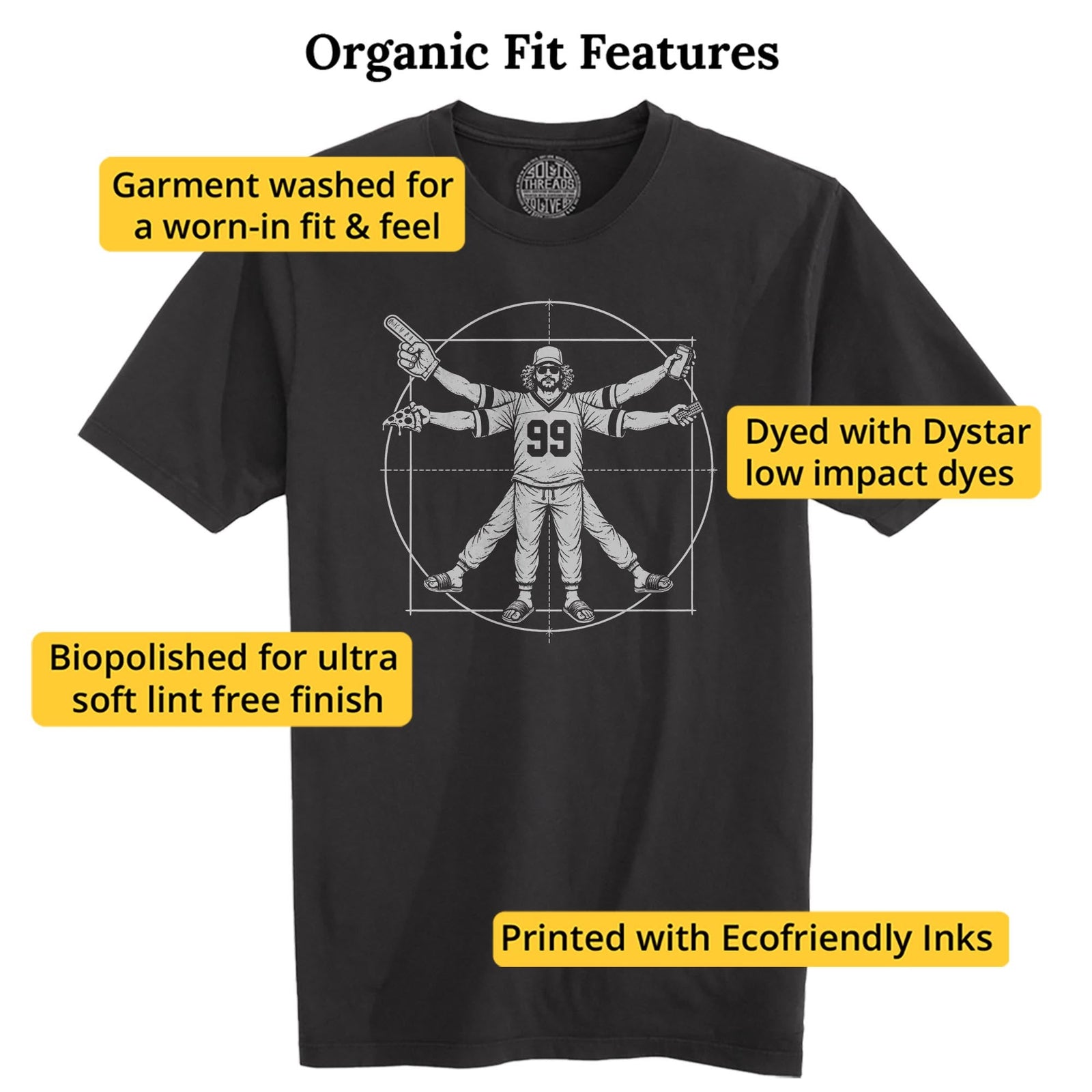 Vitruvian Fan Funny Organic T-shirt in Black - Fit Attributes