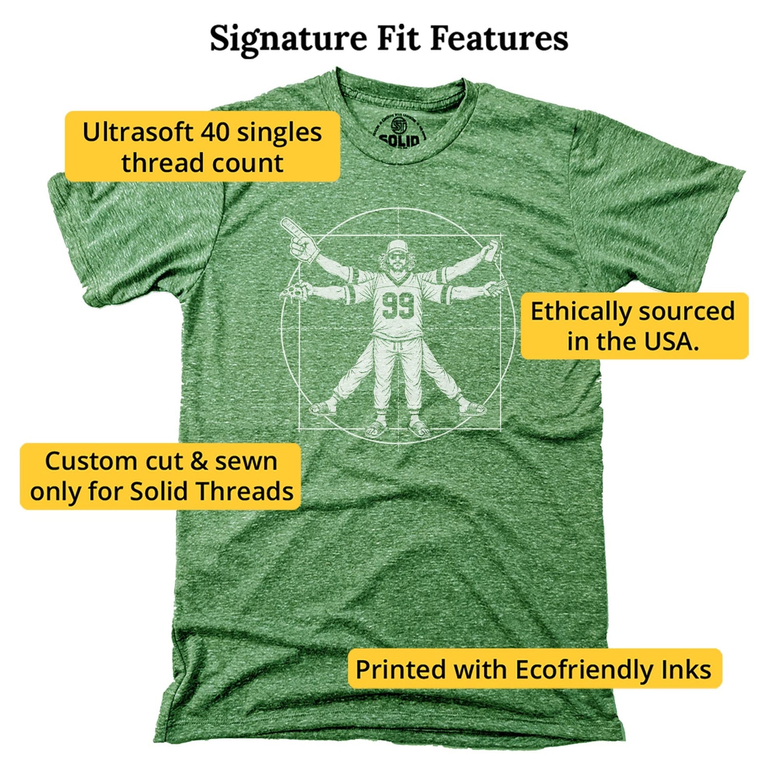 Vitruvian Fan Funny Signature T-shirt in Triblend Kelly - Fit Attributes