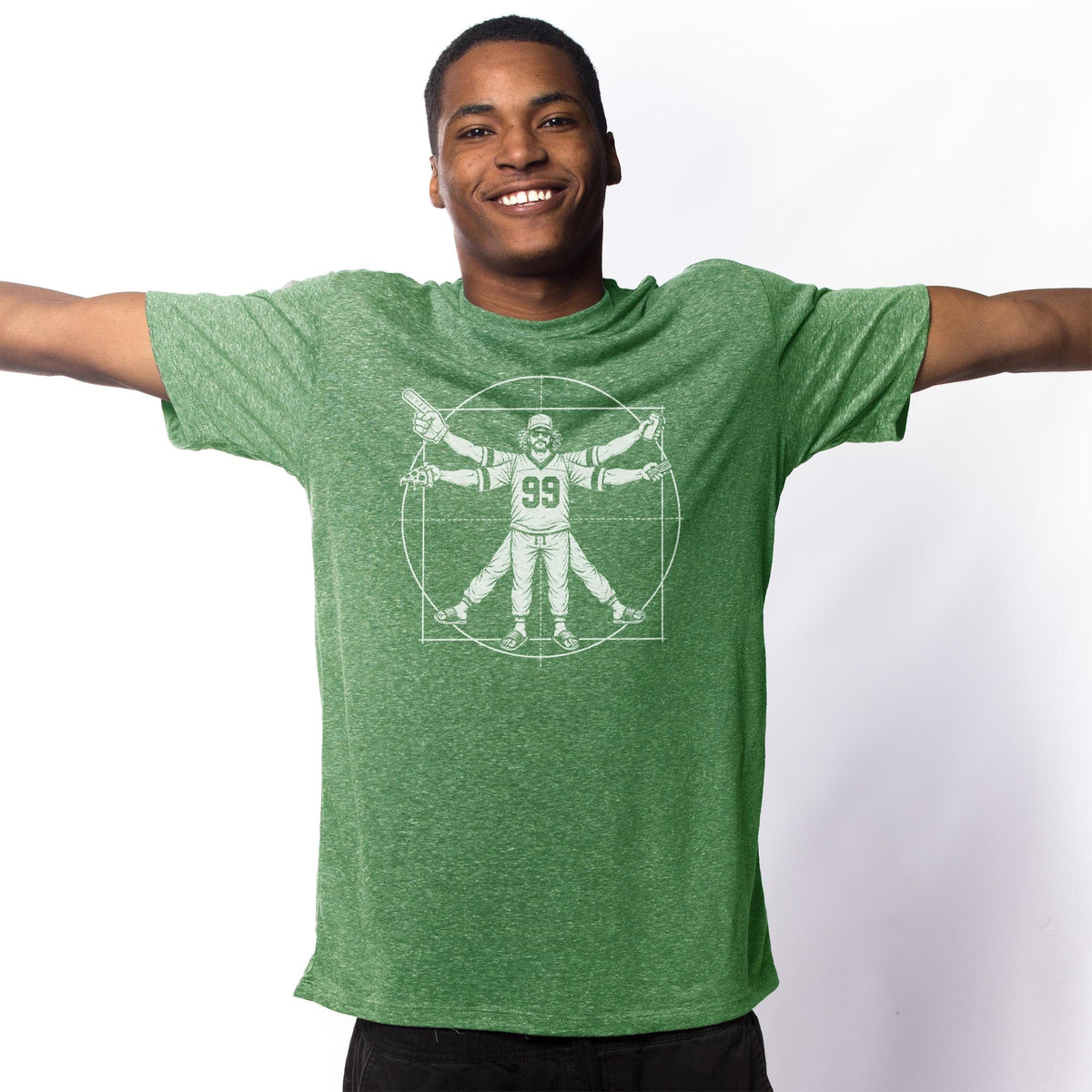Vitruvian Fan Funny Signature T-shirt in Triblend Kelly On Model - Front View