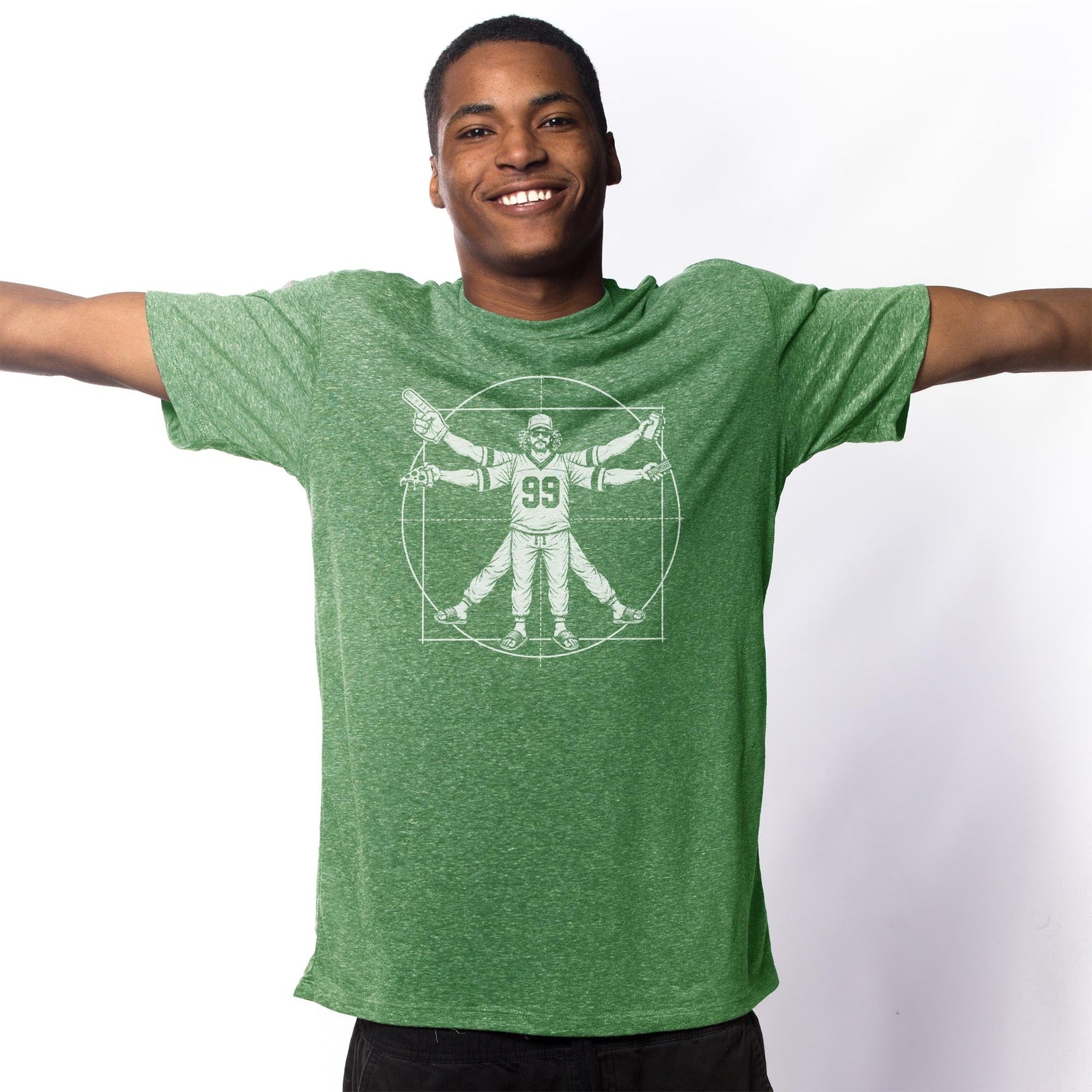 Vitruvian Fan Funny Signature T-shirt in Triblend Kelly On Model - Front View