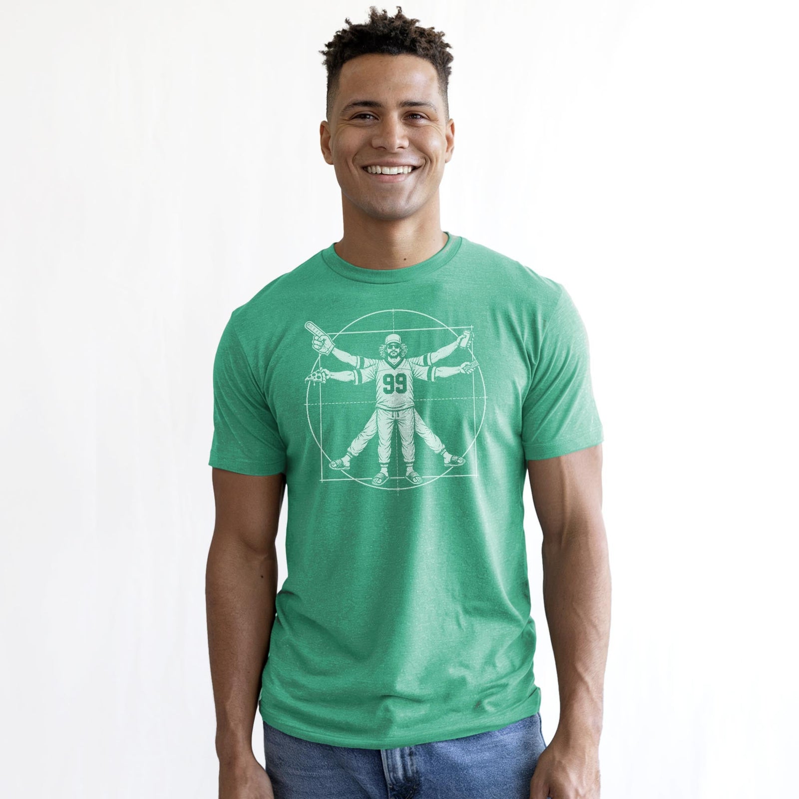 Vitruvian Fan Funny Staple T-shirt in Kelly Heather On Model - Front View