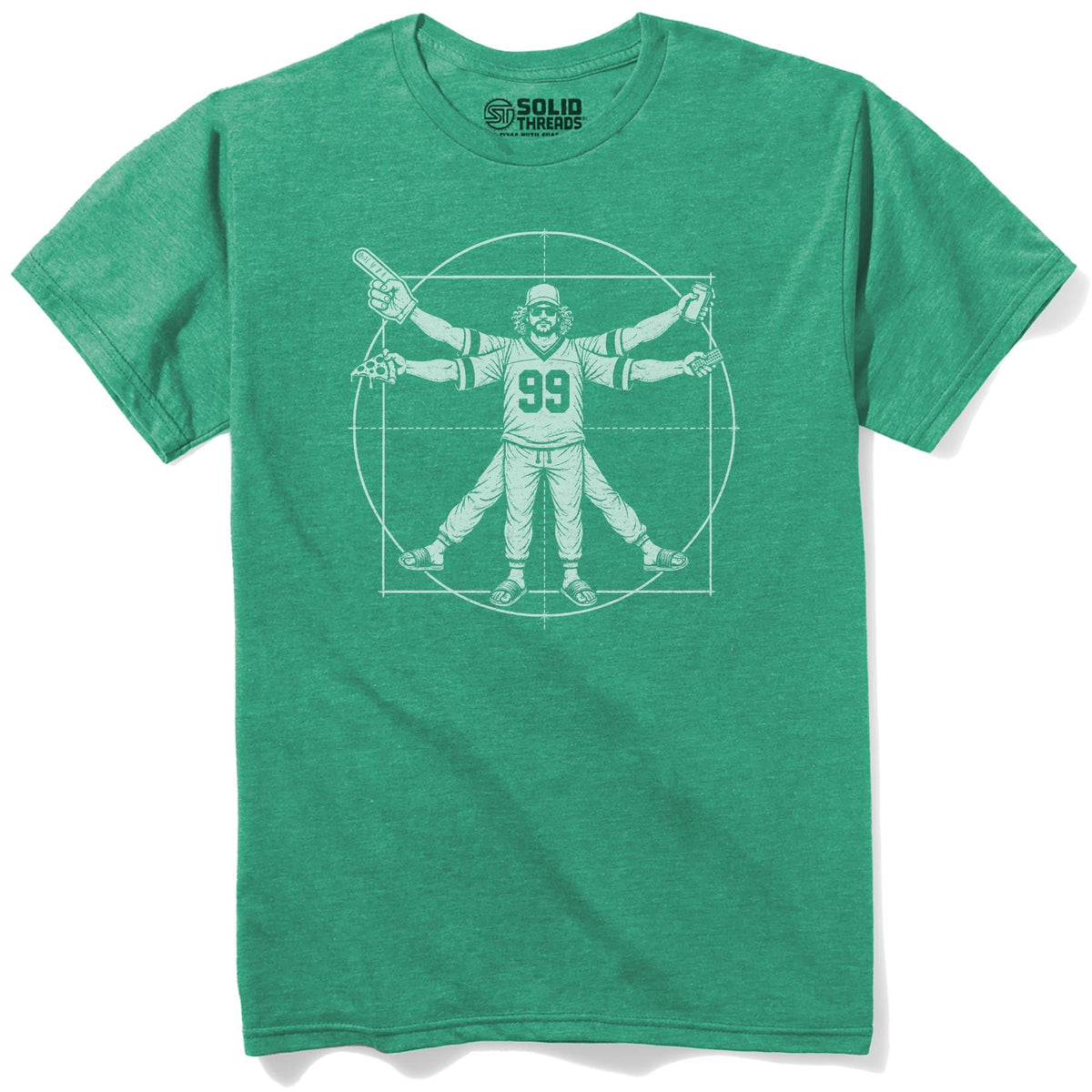 Vitruvian Fan Funny Staple T-shirt in Kelly Heather - Front View