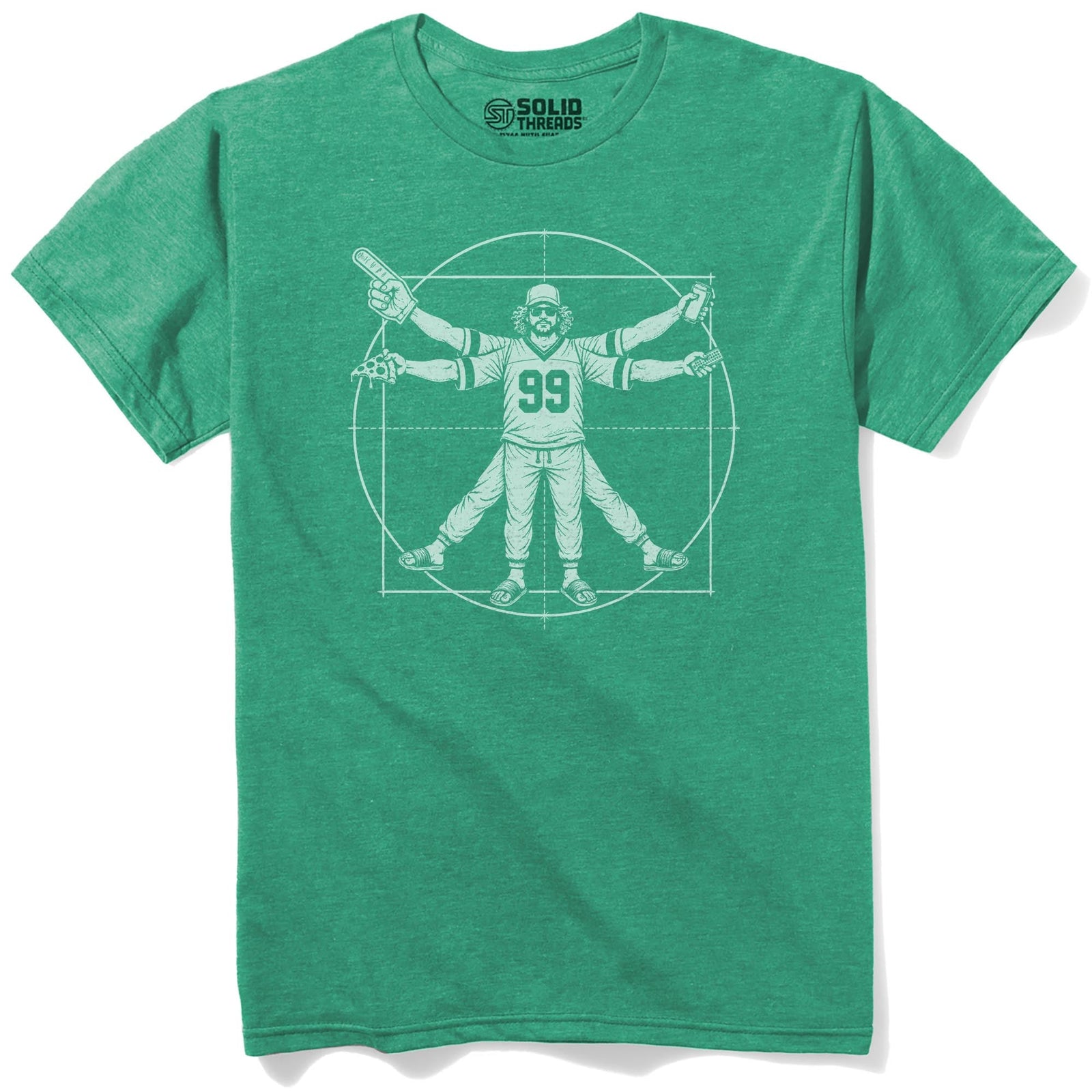 Vitruvian Fan Funny Staple T-shirt in Kelly Heather - Front View