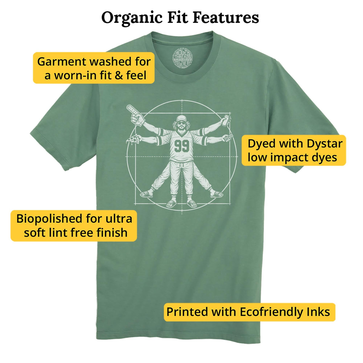 Vitruvian Fan Funny Organic T-shirt in Pine - Fit Attributes