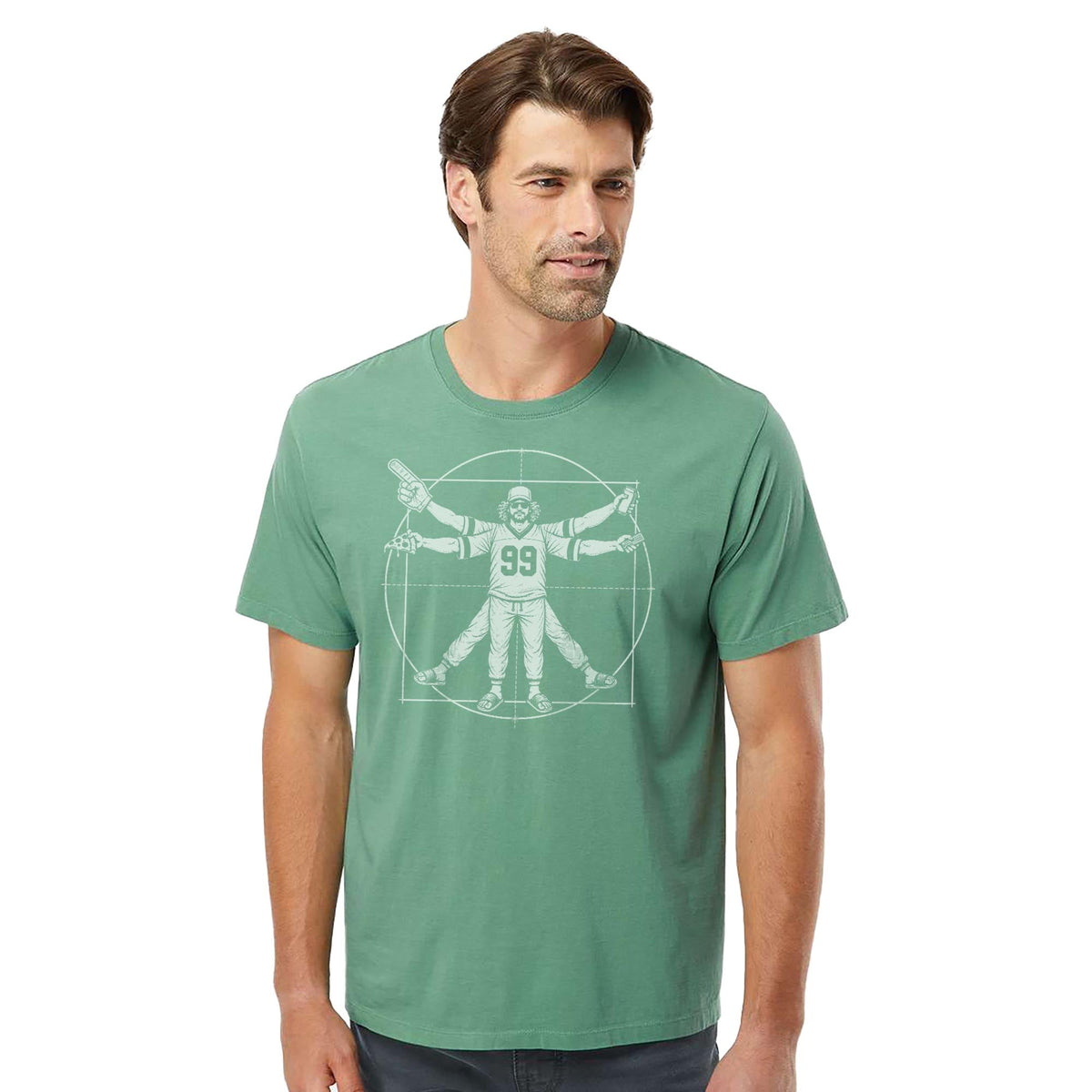 Vitruvian Fan Funny Organic T-shirt in Pine On Model - Front View