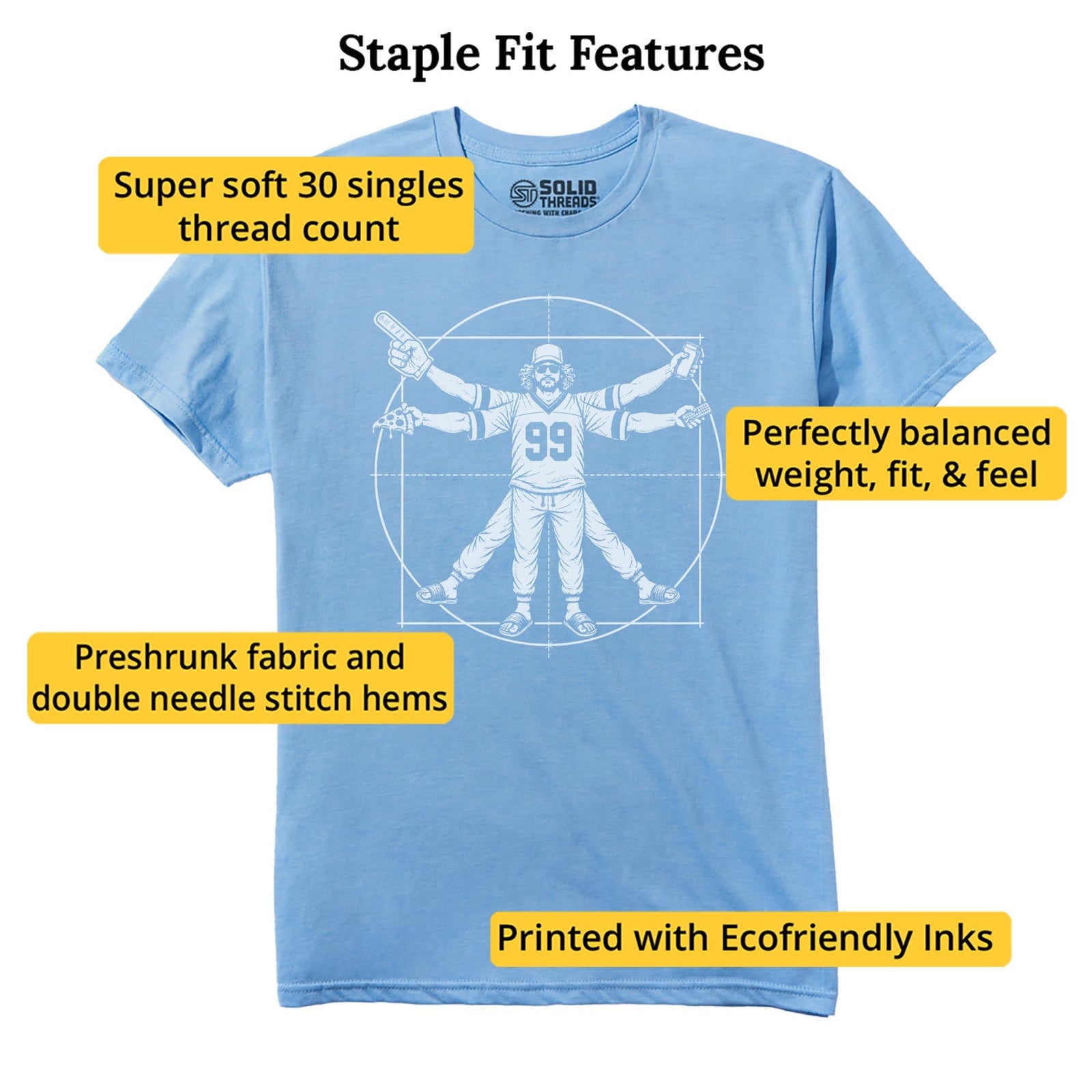 Vitruvian Fan Funny Staple T-shirt in Light Blue Heather - Fit Attributes