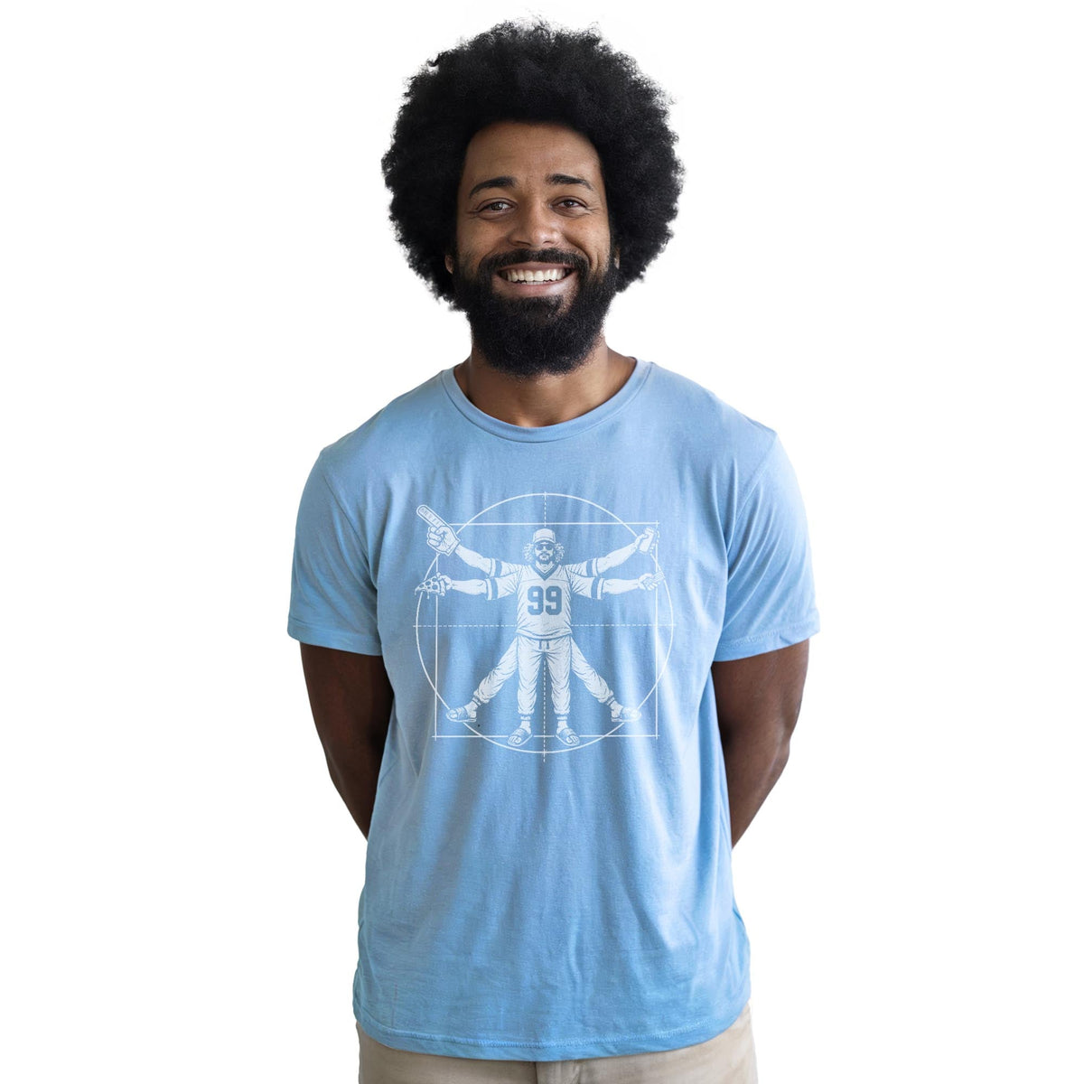 Vitruvian Fan Funny Staple T-shirt in Light Blue Heather On Model - Front View