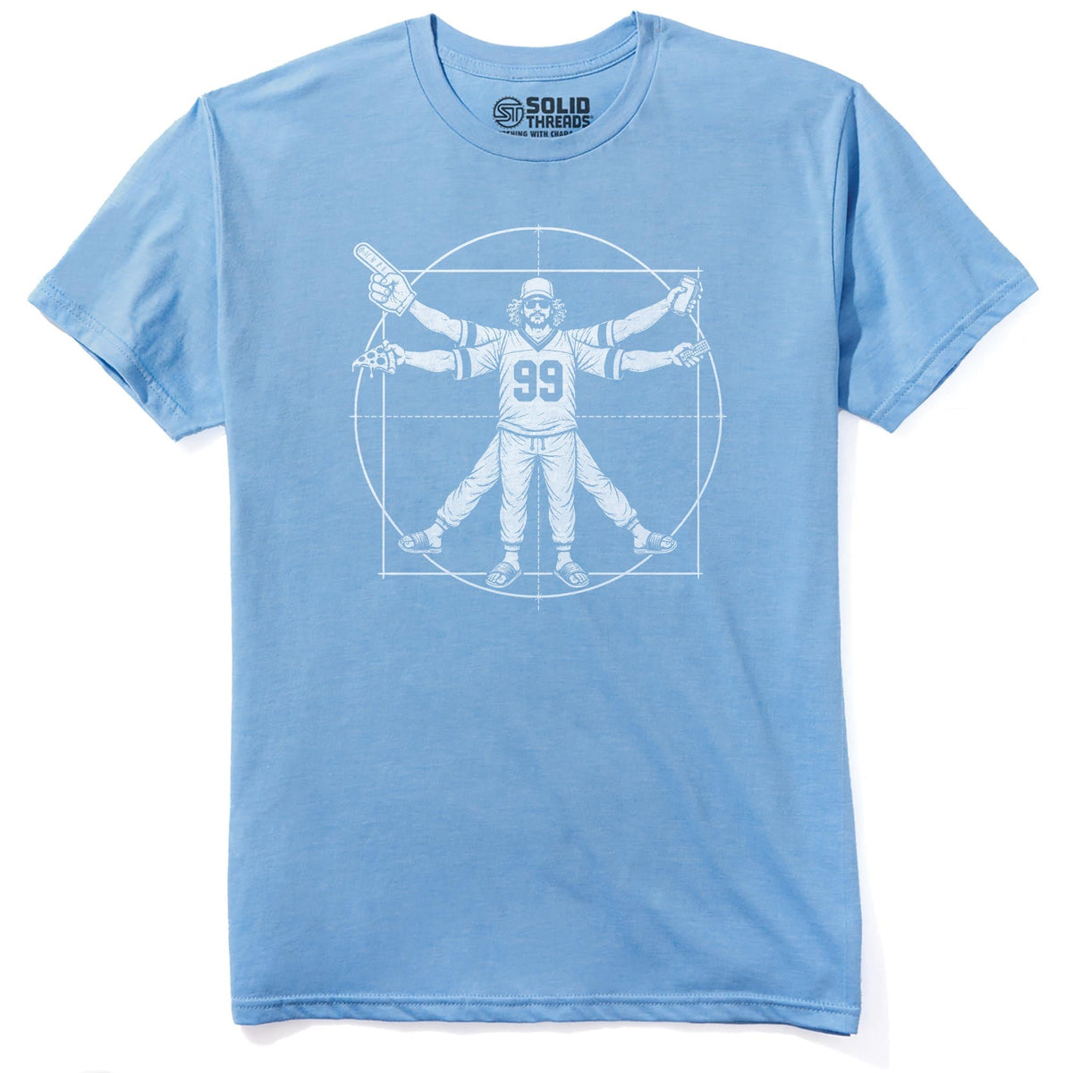 Vitruvian Fan Funny Staple T-shirt in Light Blue Heather - Front View