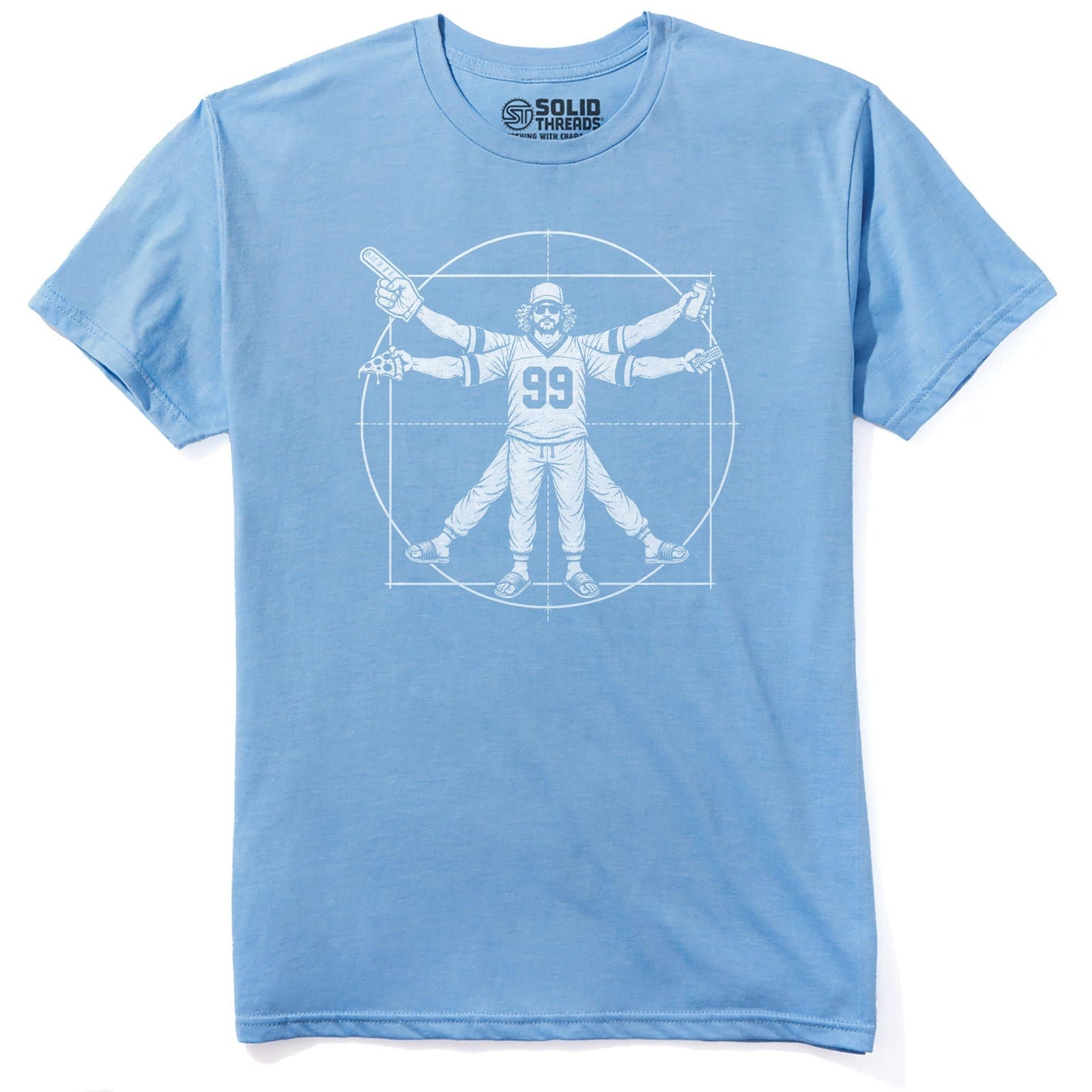 Vitruvian Fan Funny Staple T-shirt in Light Blue Heather - Front View