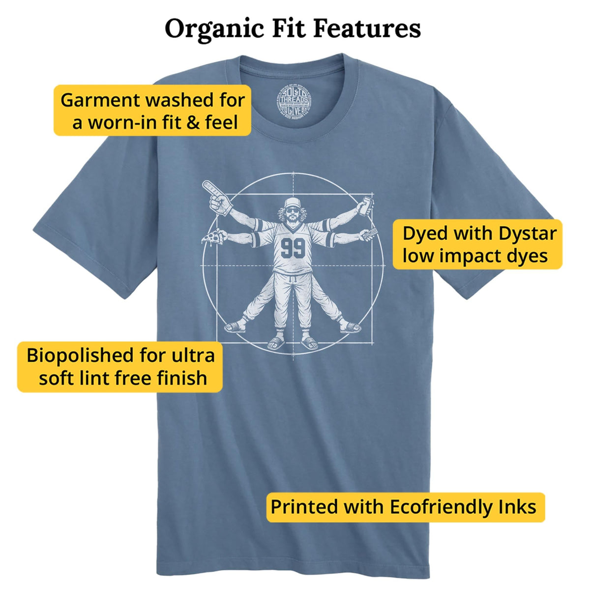 Vitruvian Fan Funny Organic T-shirt in Slate - Fit Attributes