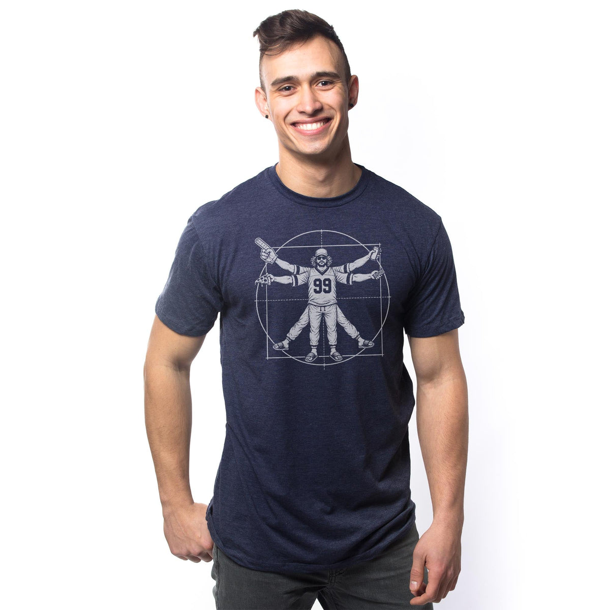 Vitruvian Fan Funny Signature T-shirt in Navy On Model - Front View