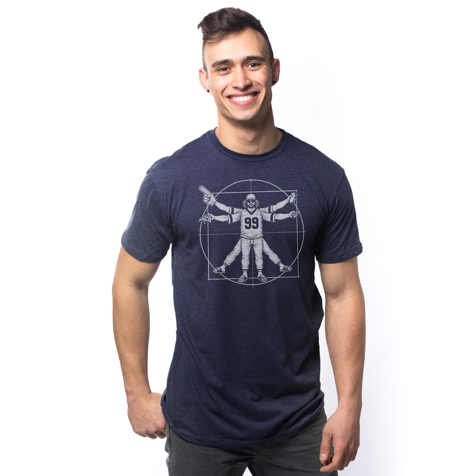 Vitruvian Fan Funny Signature T-shirt in Navy On Model - Front View