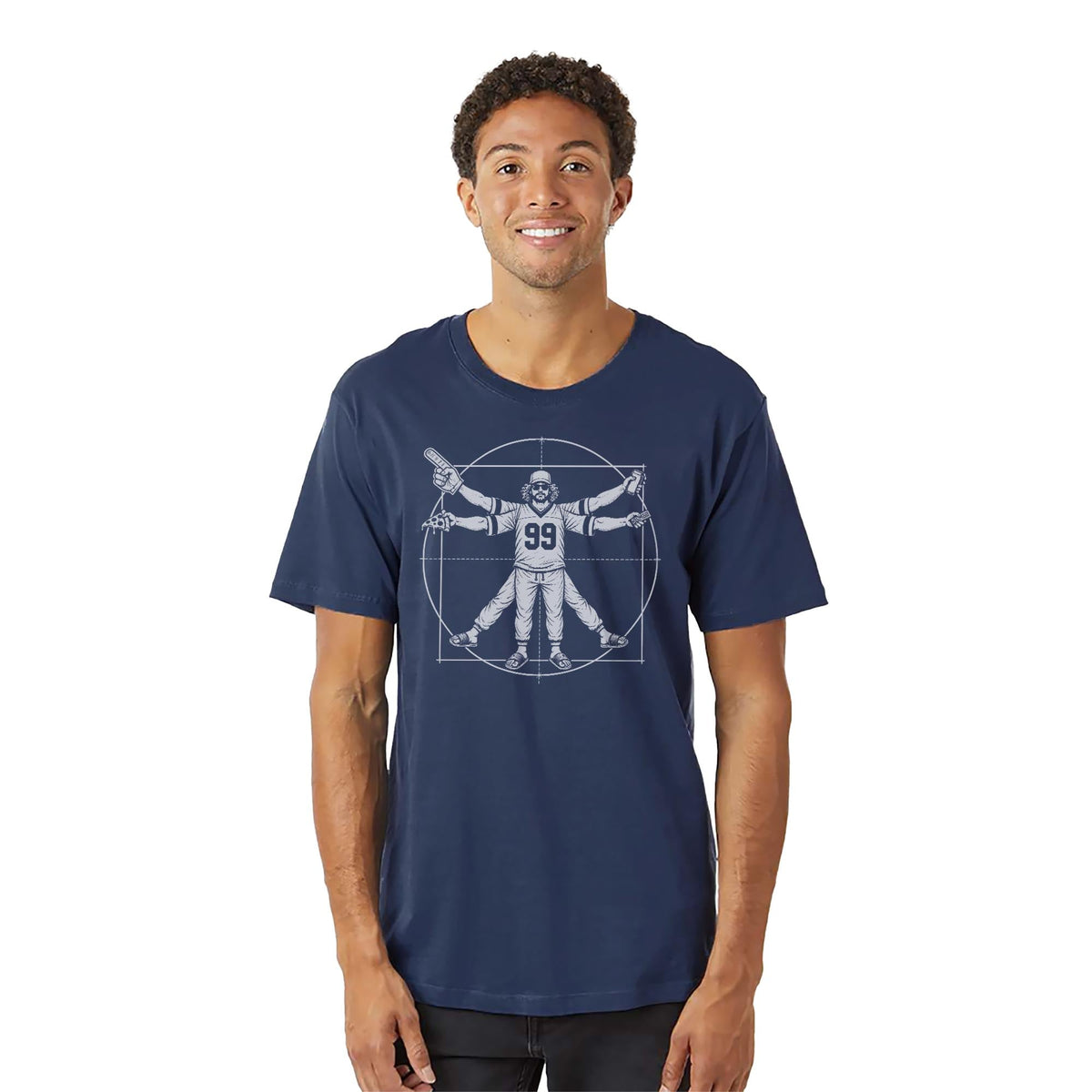 Vitruvian Fan Funny Organic T-shirt in Navy On Model - Front View