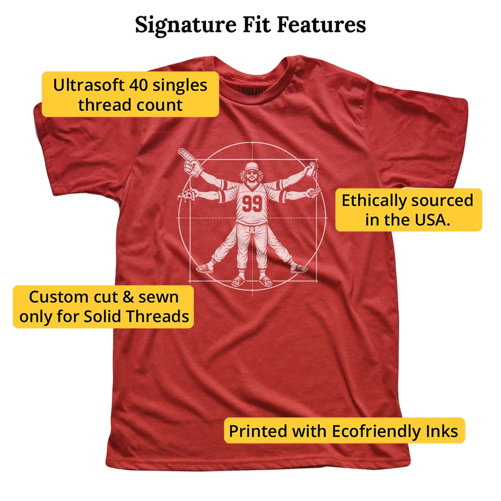 Vitruvian Fan Funny Signature T-shirt in Red - Fit Attributes