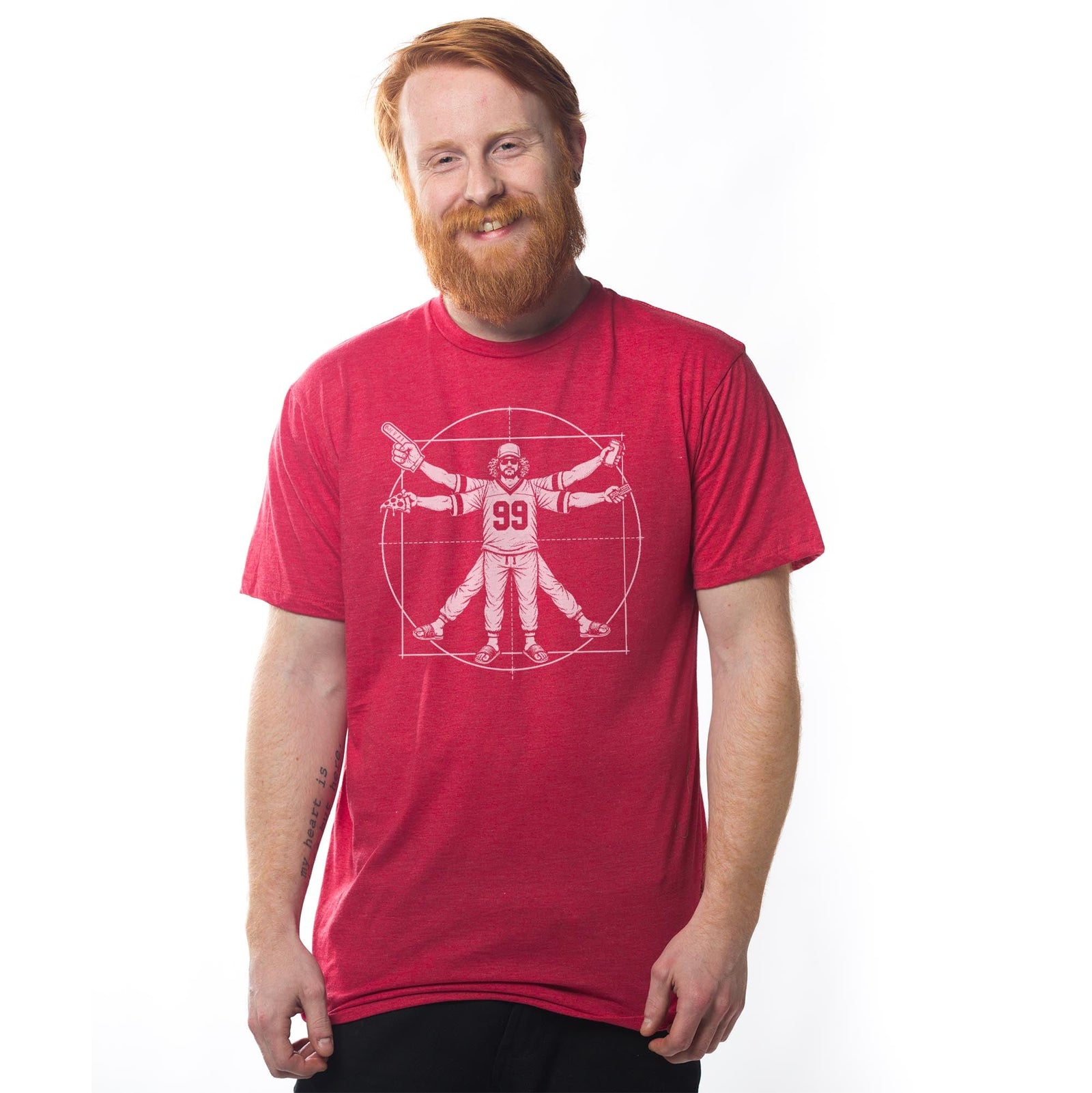 Vitruvian Fan Funny Signature T-shirt in Red On Model - Front View