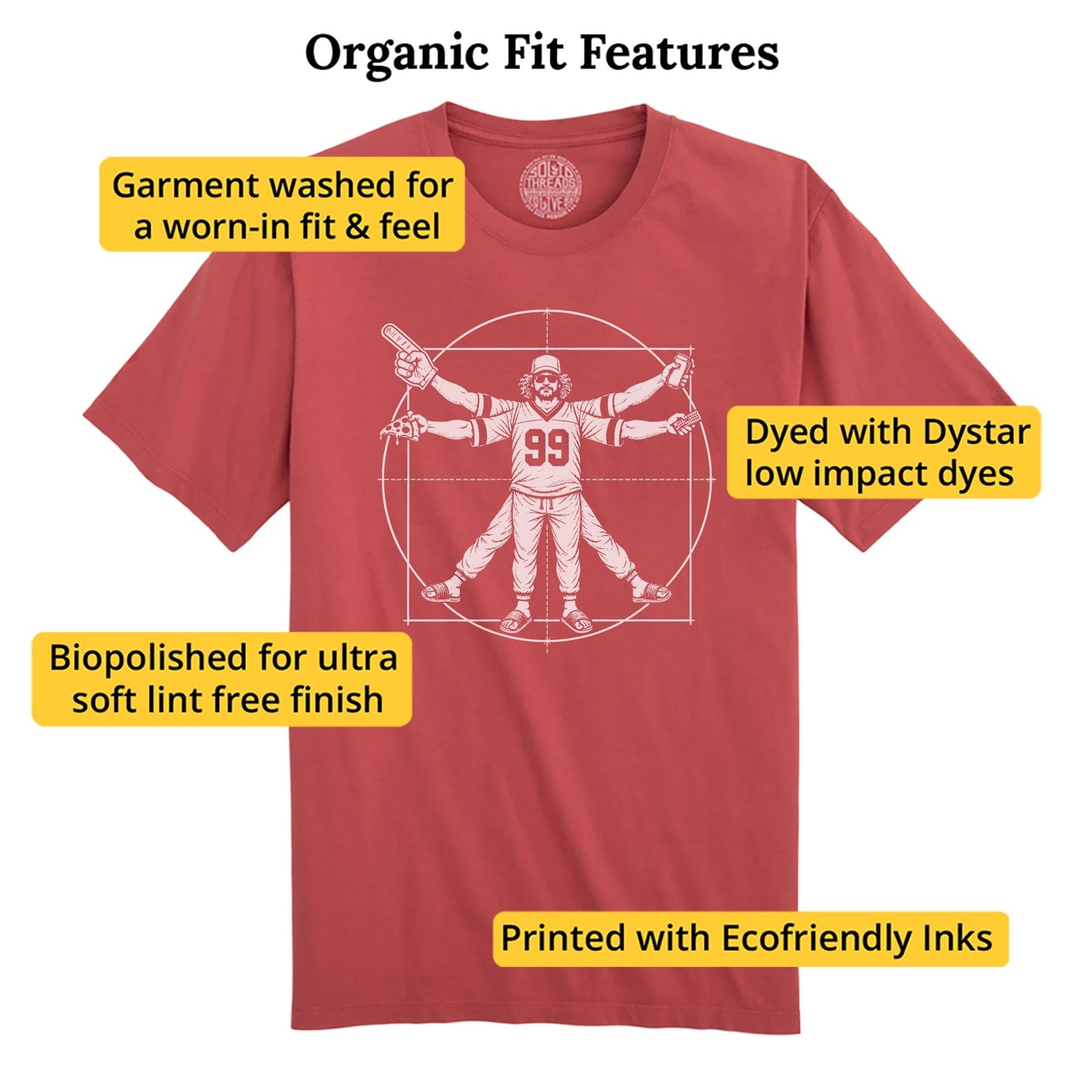 Vitruvian Fan Funny Organic T-shirt in Brick - Fit Attributes