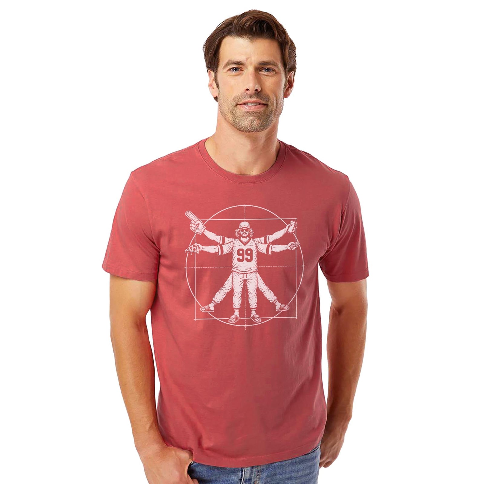 Vitruvian Fan Funny Organic T-shirt in Brick On Model - Front View