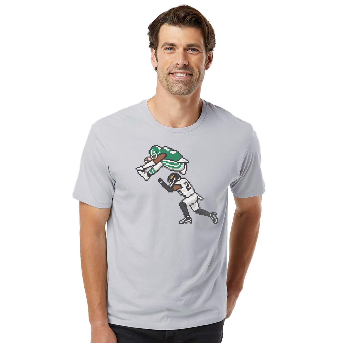 Philly 16-bit Football Cool Organic T-shirt in Silver On Model - Front View