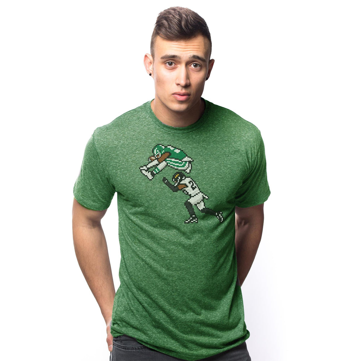 Philly 16-bit Football Cool Signature T-shirt in Triblend Kelly On Model - Front View