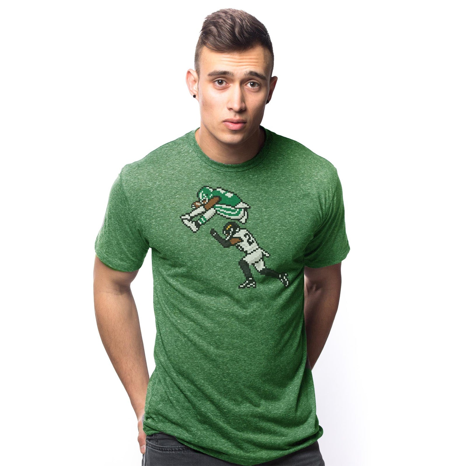 Philly 16-bit Football Cool Signature T-shirt in Triblend Kelly On Model - Front View