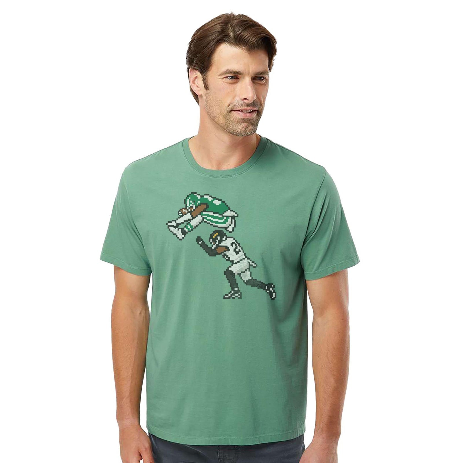 Philly 16-bit Football Cool Organic T-shirt in Pine On Model - Front View