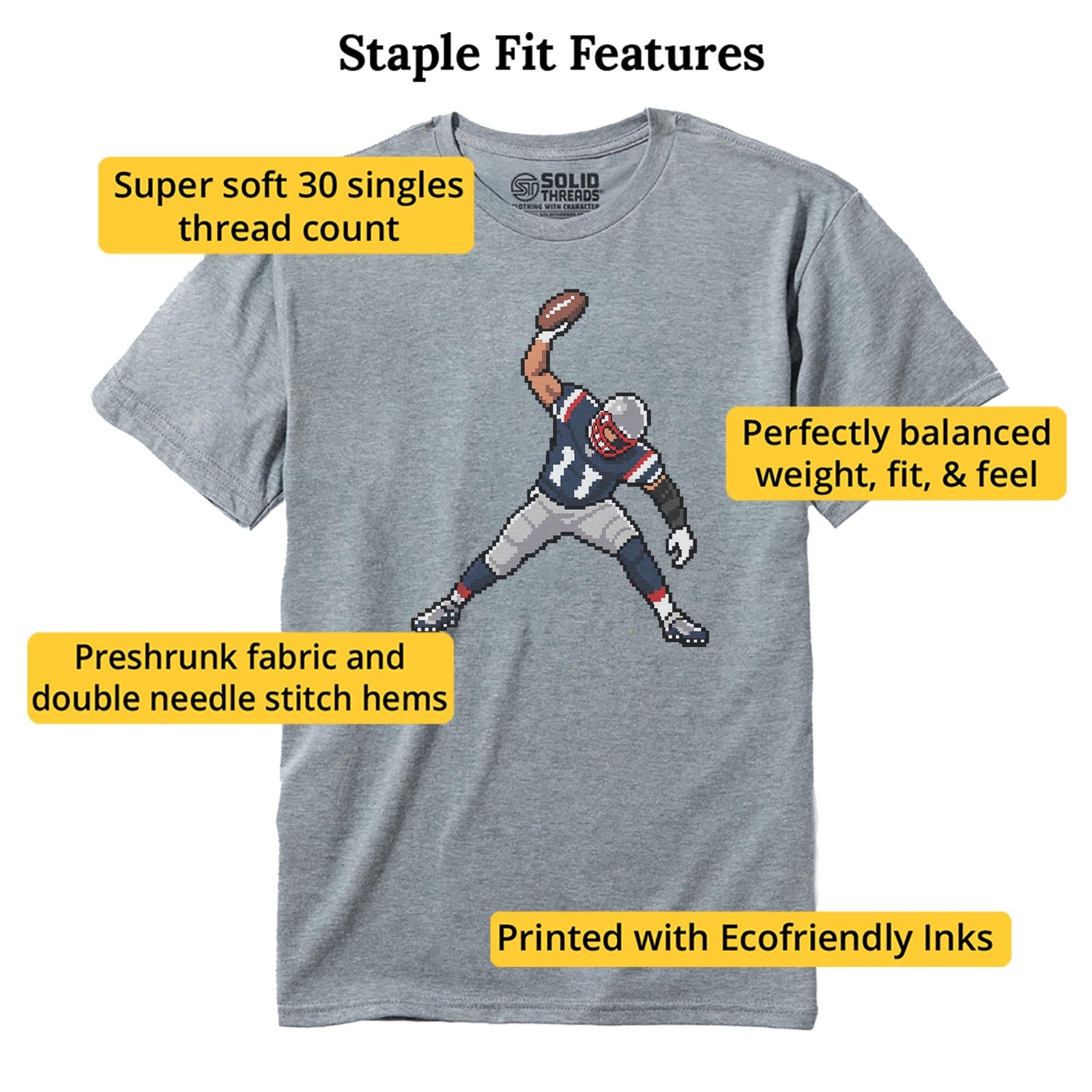 New England 16-bit Football Cool Staple T-shirt in Ash Heather - Fit Attributes