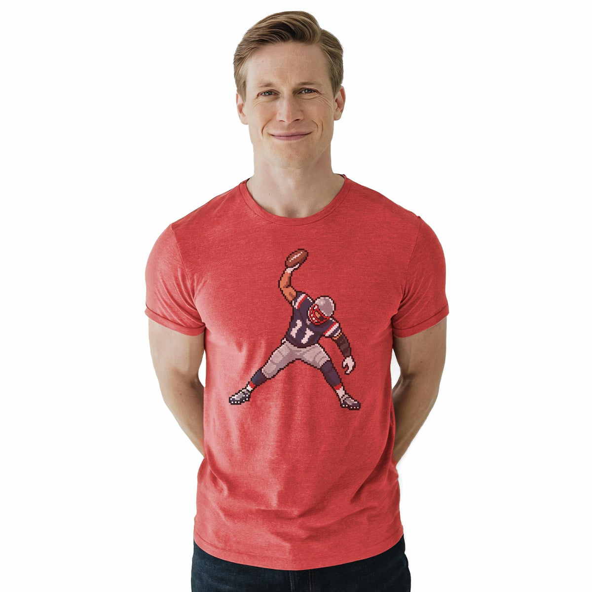 New England 16-bit Football Cool Staple T-shirt in Red Heather On Model - Front View