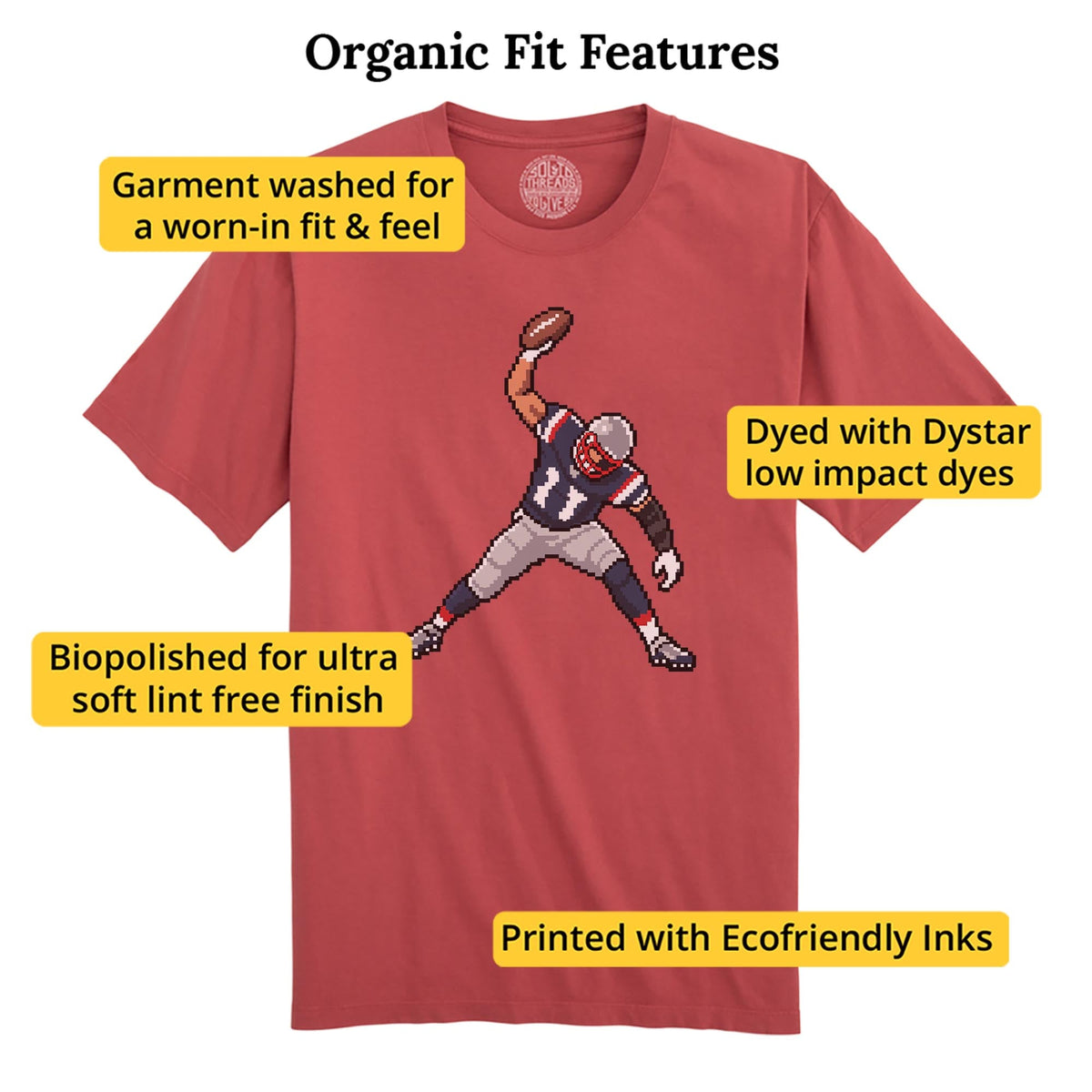New England 16-bit Football Cool Organic T-shirt in Brick - Fit Attributes