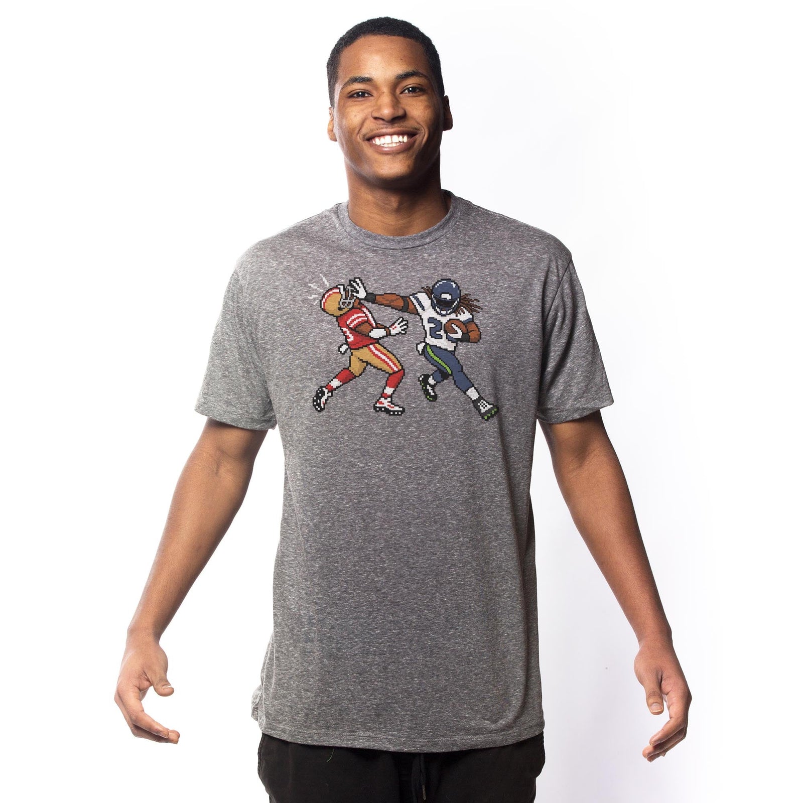 Seattle 16-bit Football Cool Signature T-shirt in Triblend Grey On Model - Front View