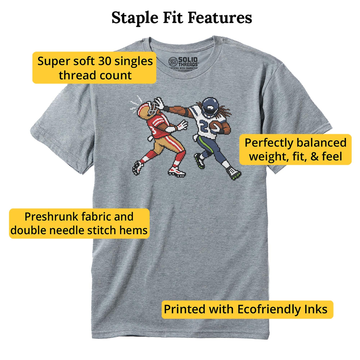 Seattle 16-bit Football Cool Staple T-shirt in Ash Heather - Fit Attributes