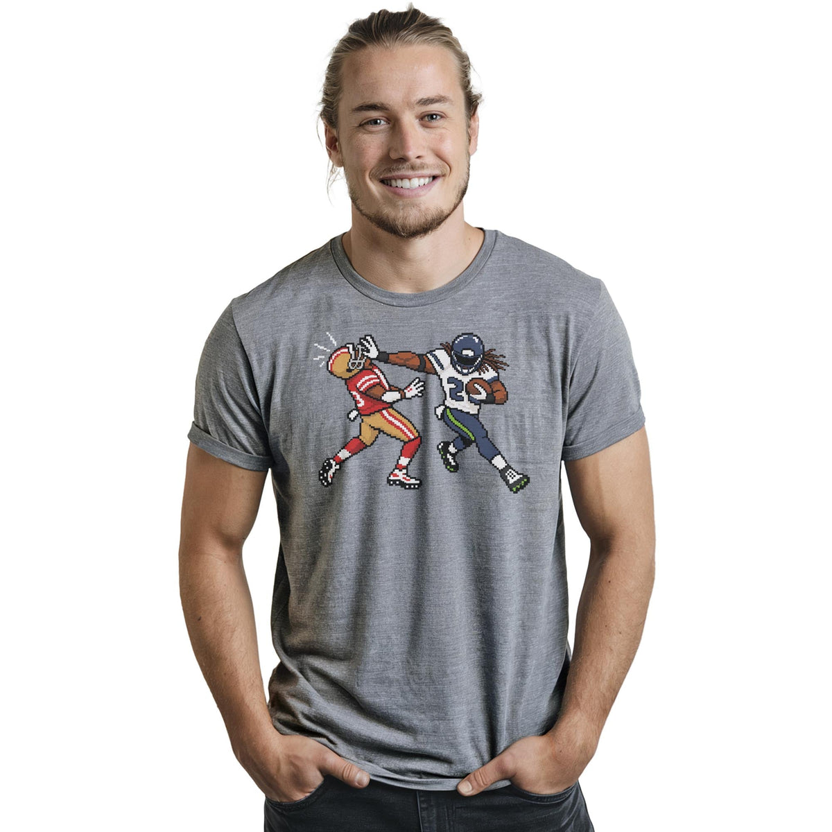 Seattle 16-bit Football Cool Staple T-shirt in Ash Heather On Model - Front View