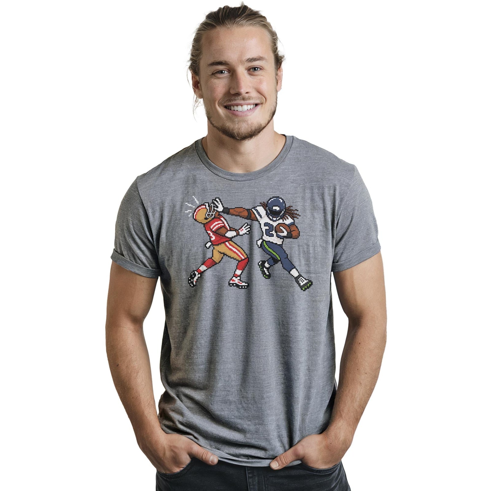 Seattle 16-bit Football Cool Staple T-shirt in Ash Heather On Model - Front View