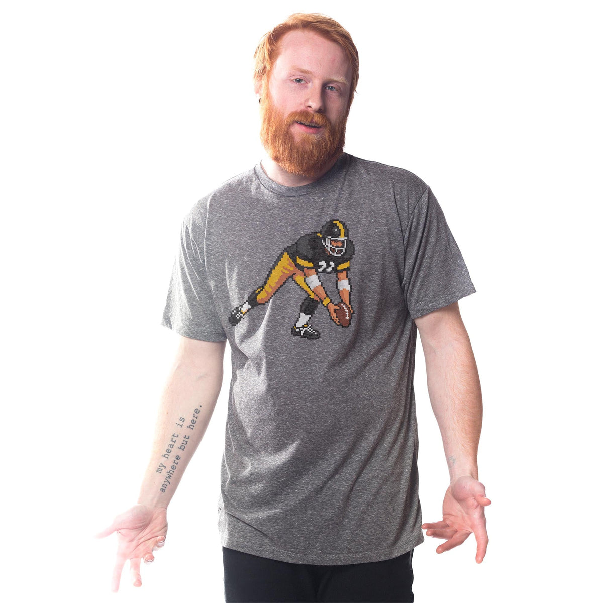 Pittsburgh 16-bit Football Cool Signature T-shirt in Triblend Grey On Model - Front View