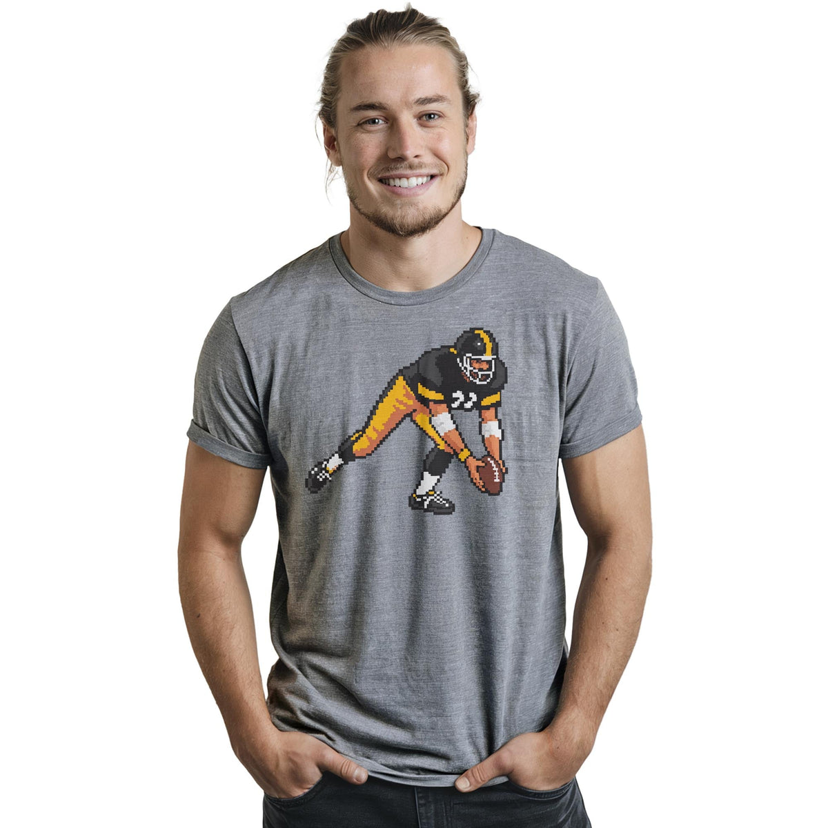 Pittsburgh 16-bit Football Cool Staple T-shirt in Ash Heather On Model - Front View