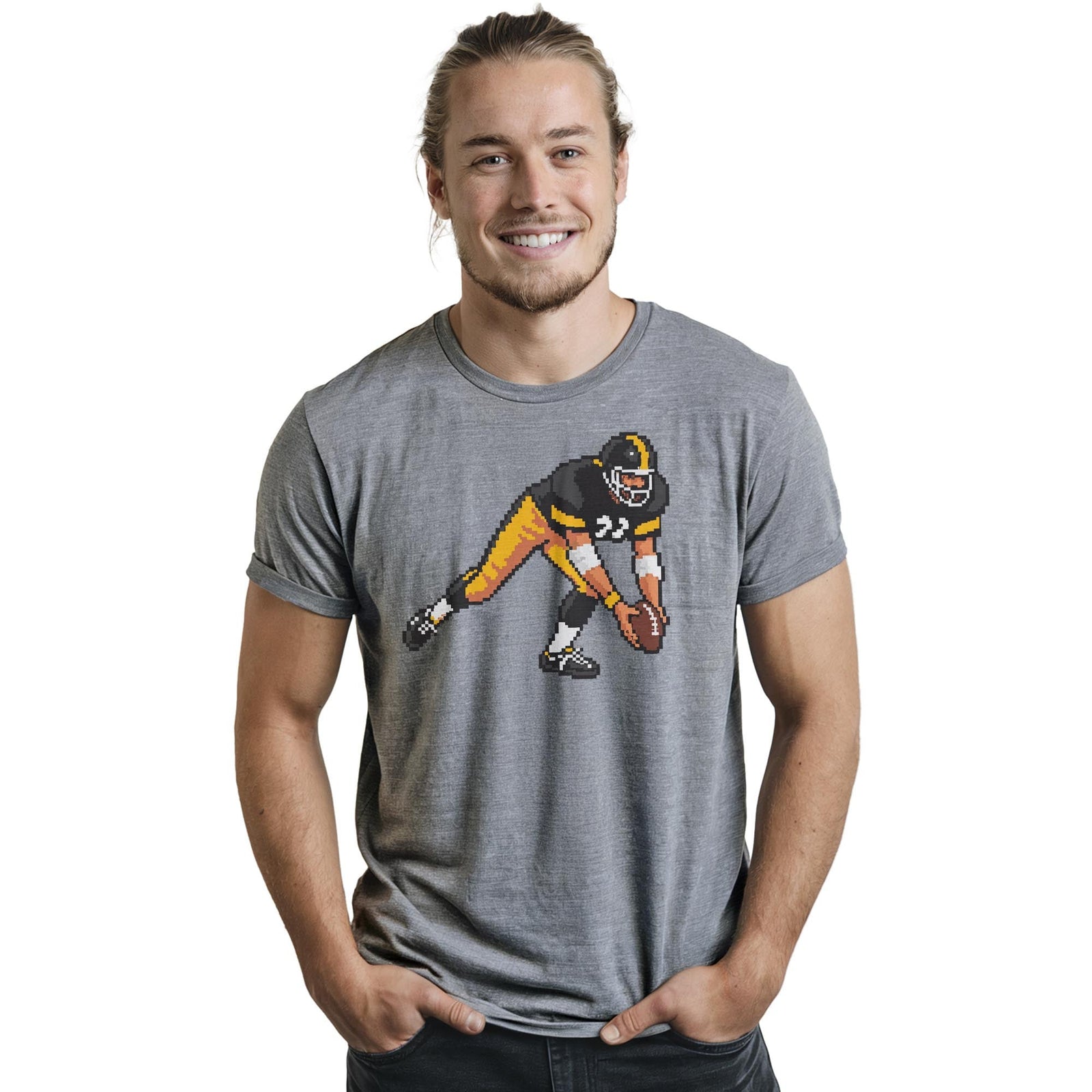 Pittsburgh 16-bit Football Cool Staple T-shirt in Ash Heather On Model - Front View
