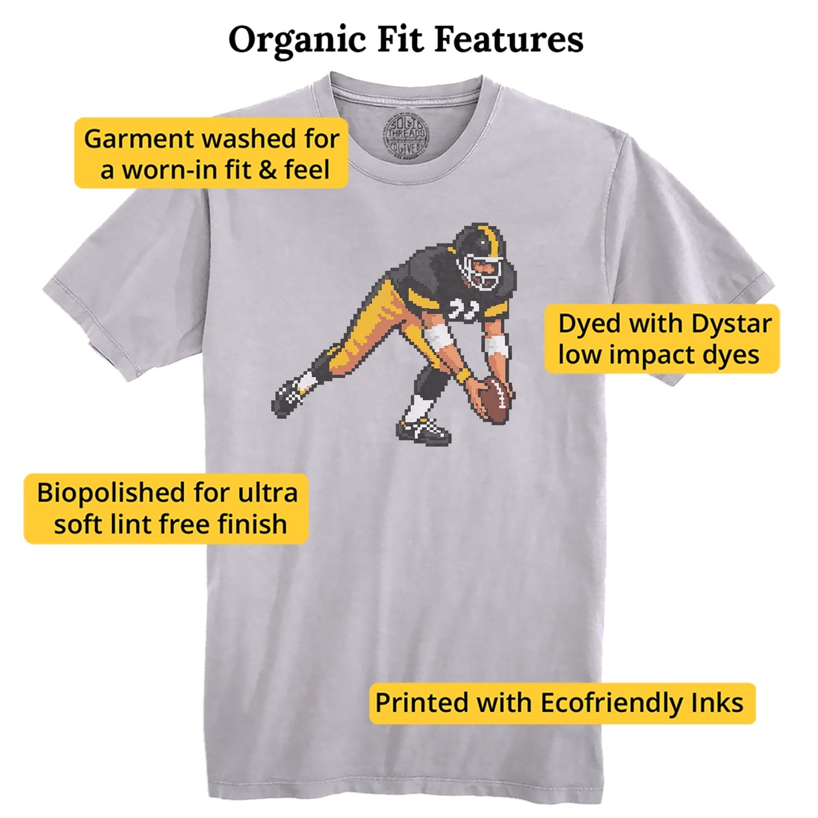Pittsburgh 16-bit Football Cool Organic T-shirt in Silver - Fit Attributes