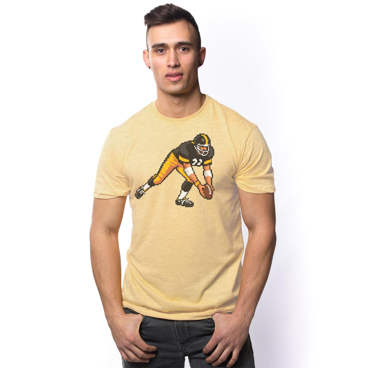 Pittsburgh 16-bit Football Cool Signature T-shirt in Triblend Gold On Model - Front View