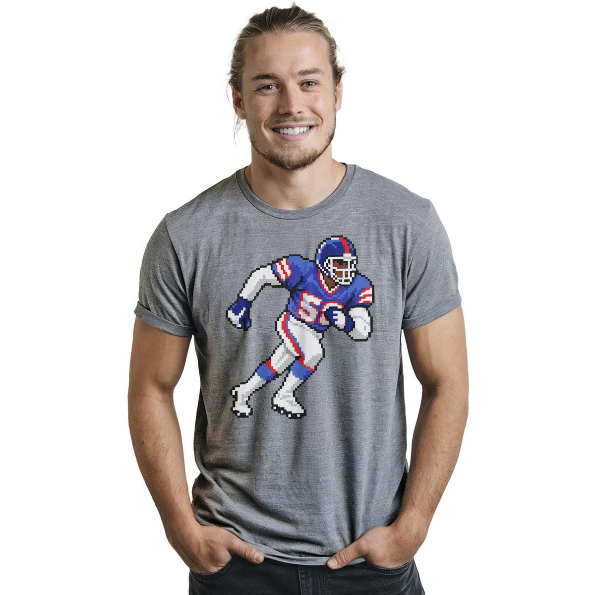 New York 16-bit Football Cool Staple T-shirt in Ash Heather On Model - Front View