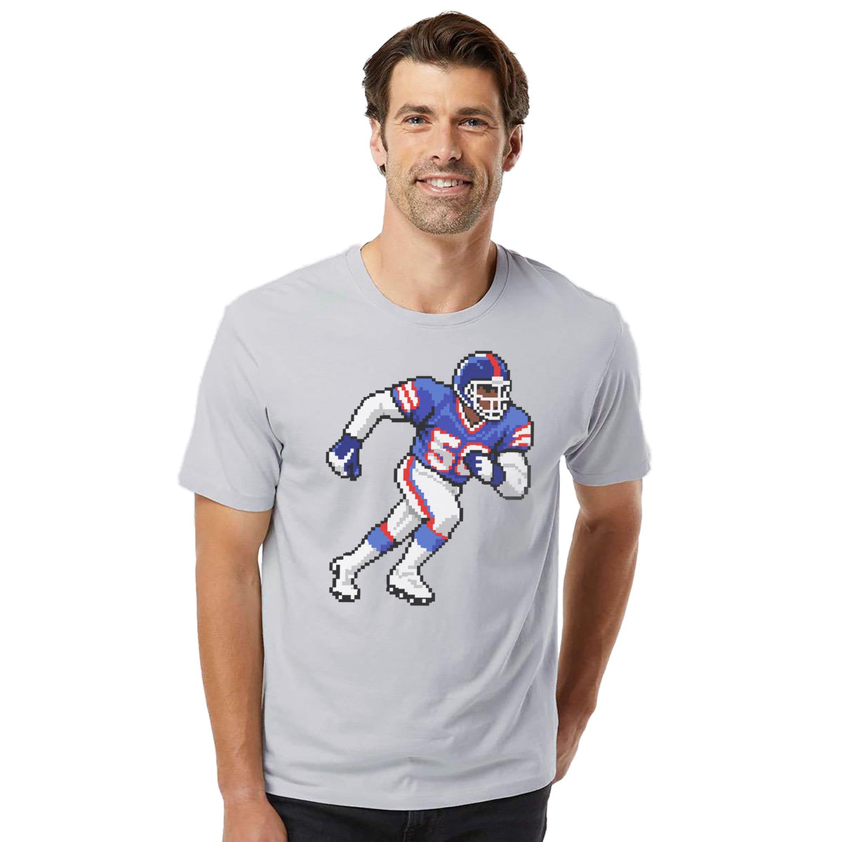 New York 16-bit Football Cool Organic T-shirt in Silver On Model - Front View