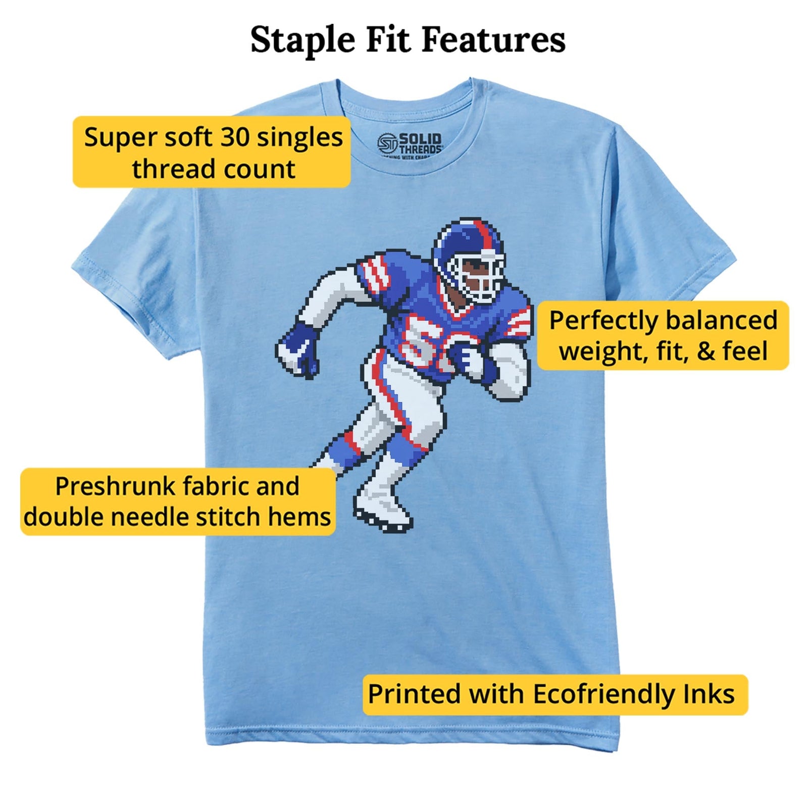 New York 16-bit Football Cool Staple T-shirt in Light Blue Heather - Fit Attributes